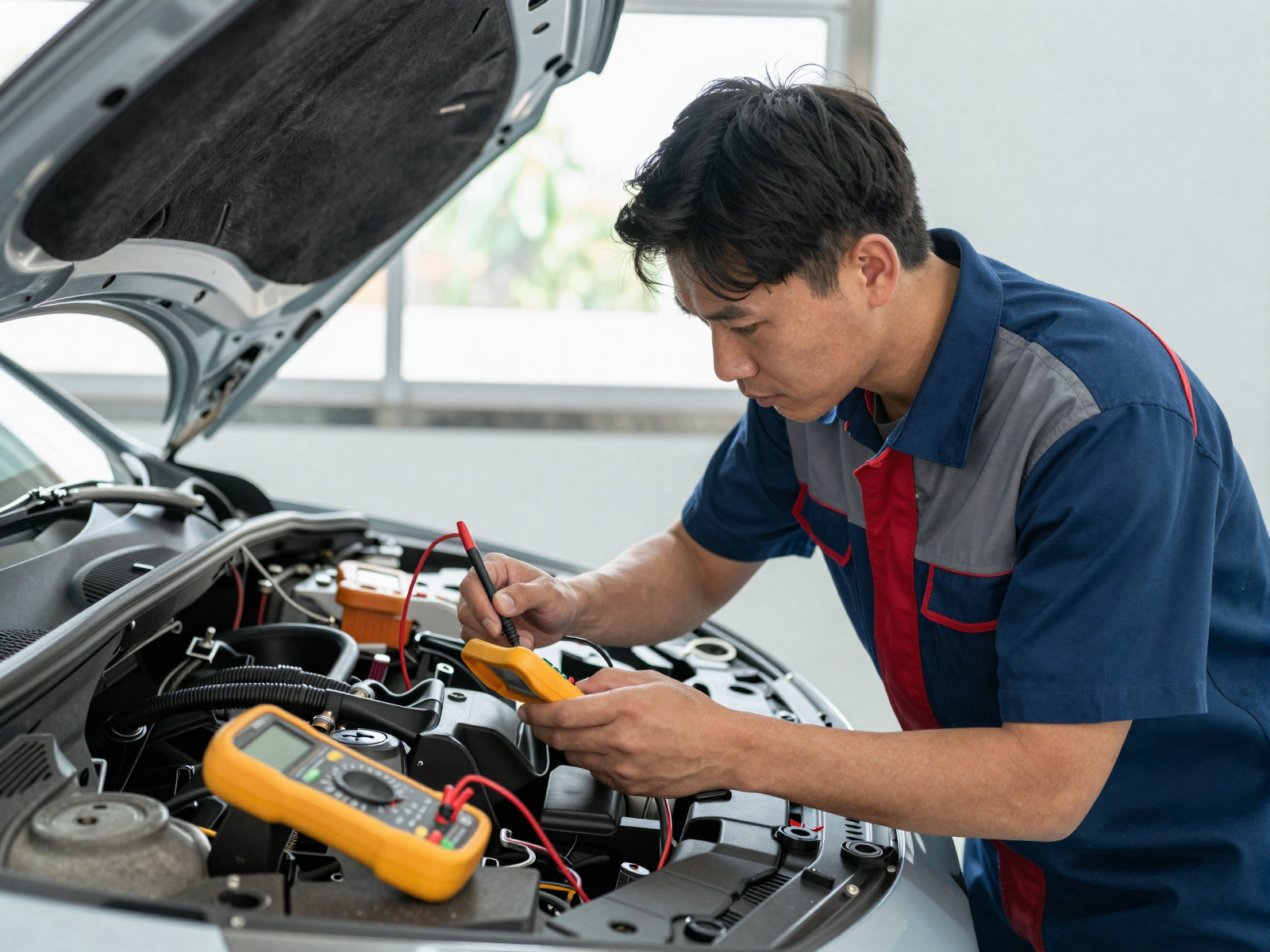 Auto electrician using digital multimeter on vehicle dashboard