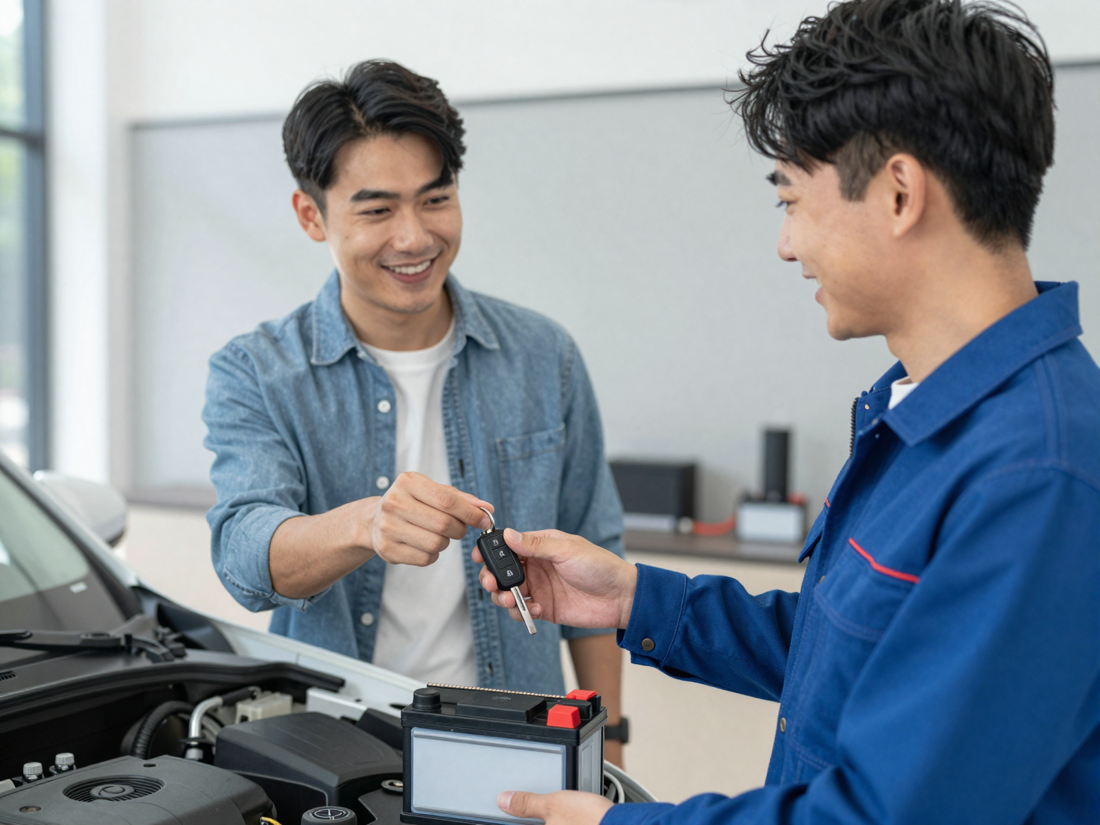 Customer receiving vehicle keys after electrical service